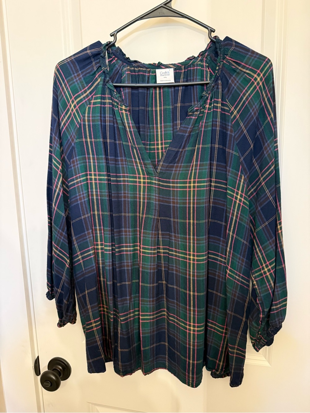 croft & barrow Navy, Green & Pink Plaid Peasant Blouse